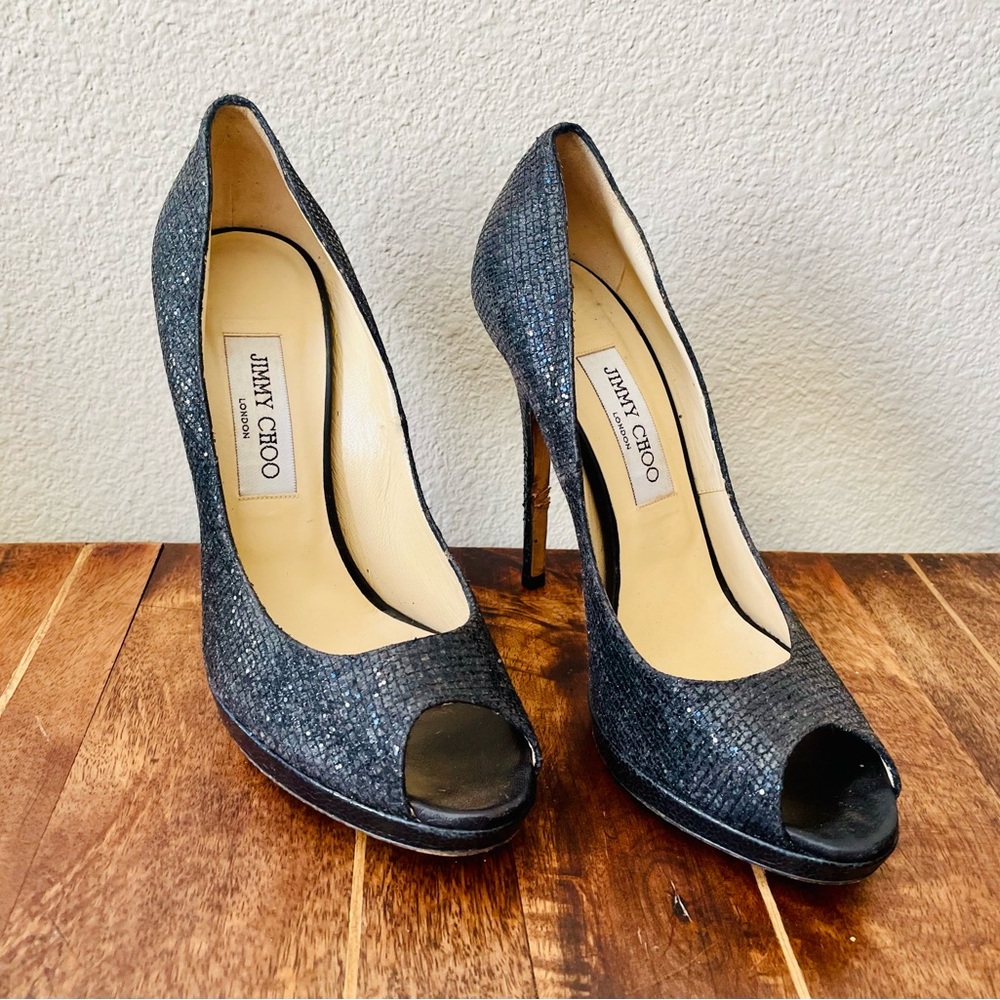 Jimmy Choo Textured Black Peep Toe Heels